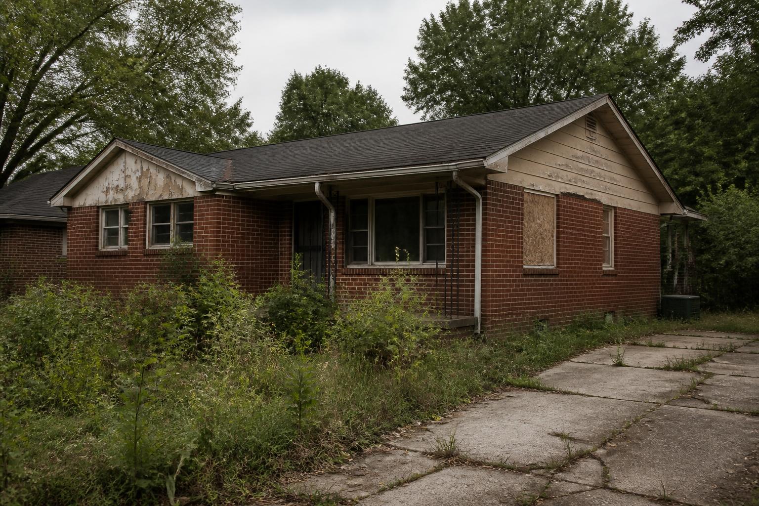 Distressed brick ranch home with peeling paint, a boarded window and an overgrown yard